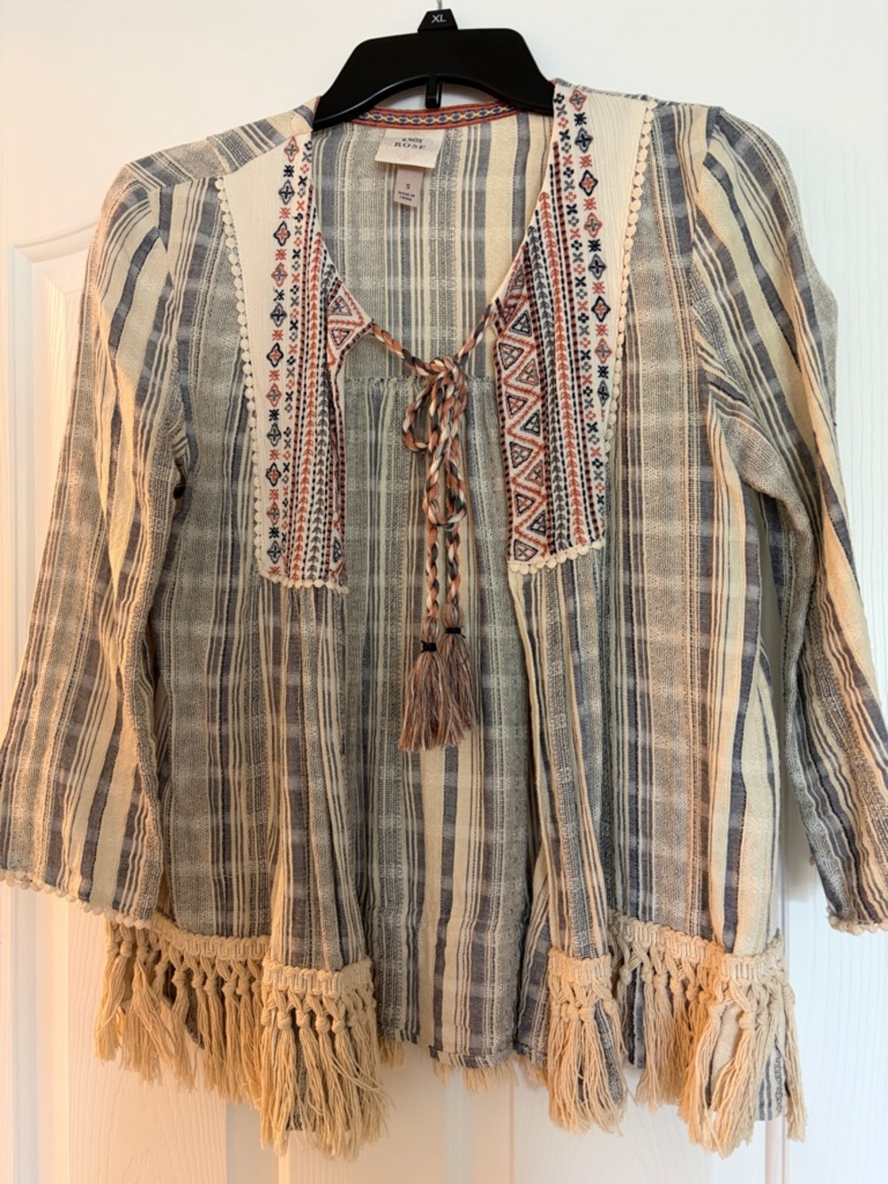 Knox Rose Boho Stripe Tassel Peasant Top